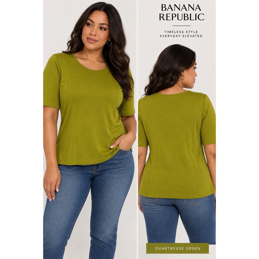 Banana Republic XXL Chartreuse Green Stretch Ponte Top Seamed Short Sleeve
